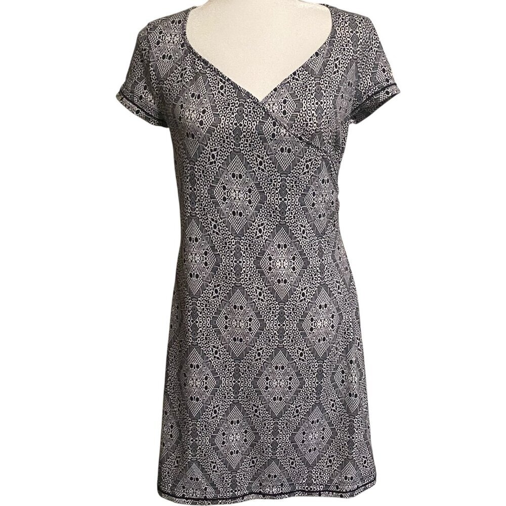 PrAna‎ Victoria Faux Wrap Dress Black White Geometric V-Neck Short Sleeve Size S